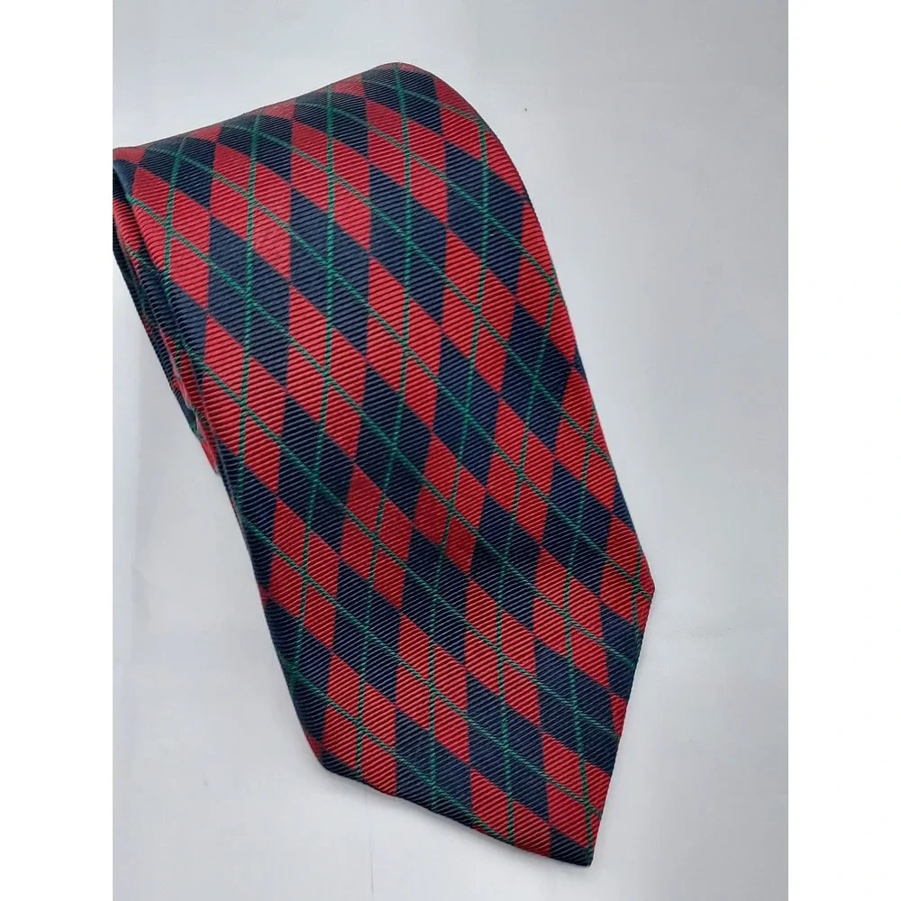 Chaps Ralph Lauren Mens Silk Tie Red Navy Blue Argyle Diamond Pattern T072